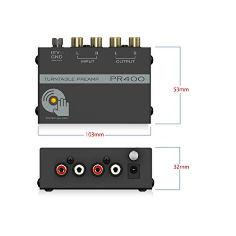 Kinter PR400 초소형 포노 비닐 턴테이블 프리앰프 - 금도금 RCA 입력 및 출력 및 저소음 작동 12V DC 어댑터가 포함된 미니 전자 오디오 스테레오 축음기 프리앰프