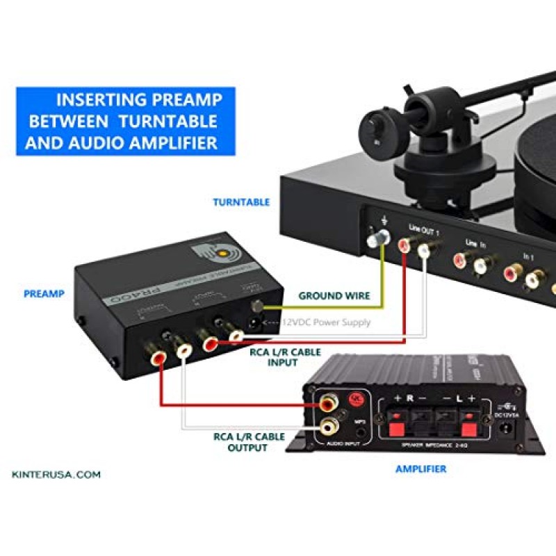 Kinter PR400 초소형 포노 비닐 턴테이블 프리앰프 - 금도금 RCA 입력 및 출력 및 저소음 작동 12V DC 어댑터가 포함된 미니 전자 오디오 스테레오 축음기 프리앰프