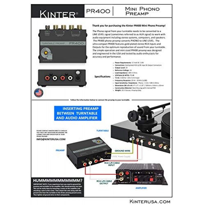 Kinter PR400 초소형 포노 비닐 턴테이블 프리앰프 - 금도금 RCA 입력 및 출력 및 저소음 작동 12V DC 어댑터가 포함된 미니 전자 오디오 스테레오 축음기 프리앰프