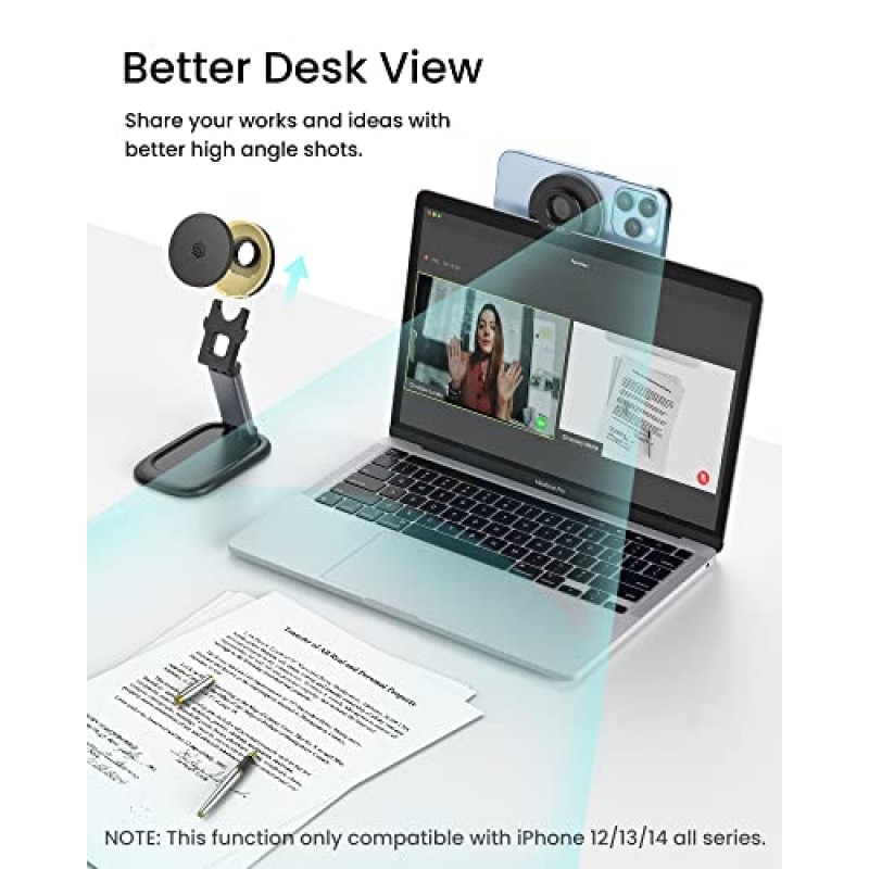 iPhone 15 14 13 12 시리즈용 SODI 자기 휴대폰 스탠드, 무선 충전기와 호환 가능, 연속성 카메라 마운트가 있는 스탠드, 접이식 및 조절 가능한 휴대폰 홀더