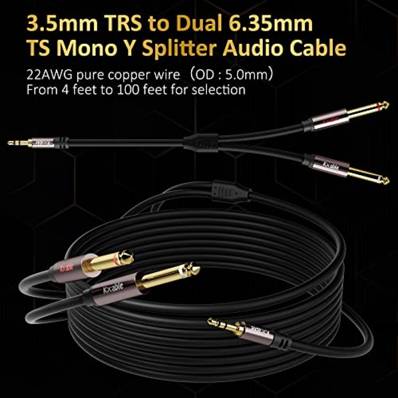 Kxable 1/8 - 듀얼 1/4 스테레오 케이블 25피트, 3.5mm TRS - 2 x 6.35mm TS 모노 Y 분배기 오디오 코드 어댑터, 24K 금도금, 22AWG, OD:5.0MM, iPhone, PC, 믹서, 스피커용 홈 스테레오 시스템