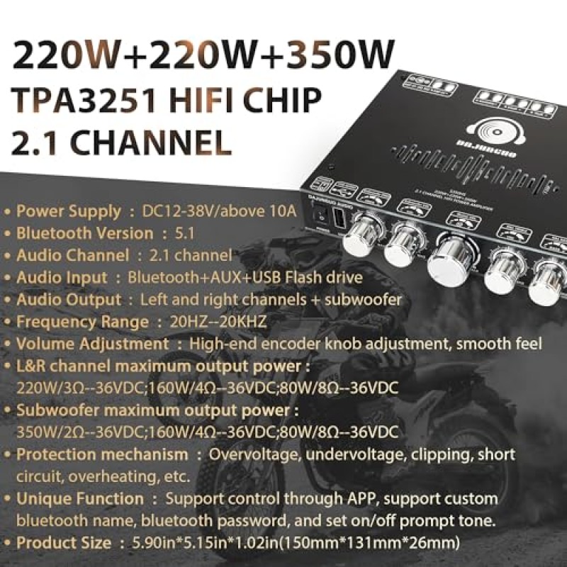 S350HS TPA3251 블루투스 전력 증폭기 보드(서브우퍼 포함) 2.1 채널 220W×2+350W, 18V-36V 오디오 전력 증폭기 모듈, 고음 및 저음 제어 기능, 검정색(S350HS)