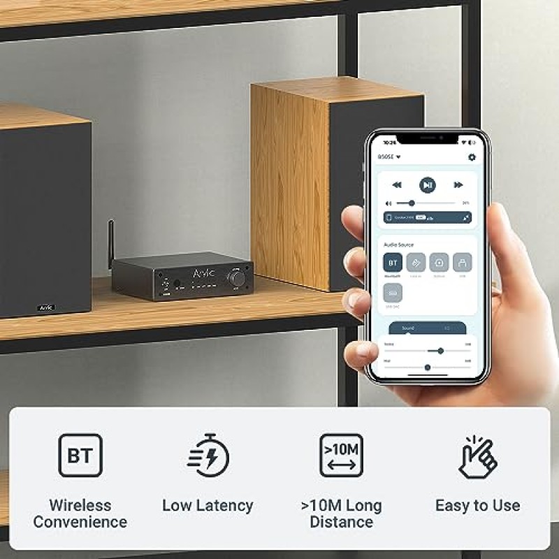 Arylic B50 SE Bluetooth 5.1 스테레오 오디오 증폭기 수신기 가정용 스피커용 2.1 채널 미니 클래스 D 통합 앰프 50W x 2, TPA3116D2 칩, 안정화 및 장거리, Go Control APP 및 간편한 제어 EQ