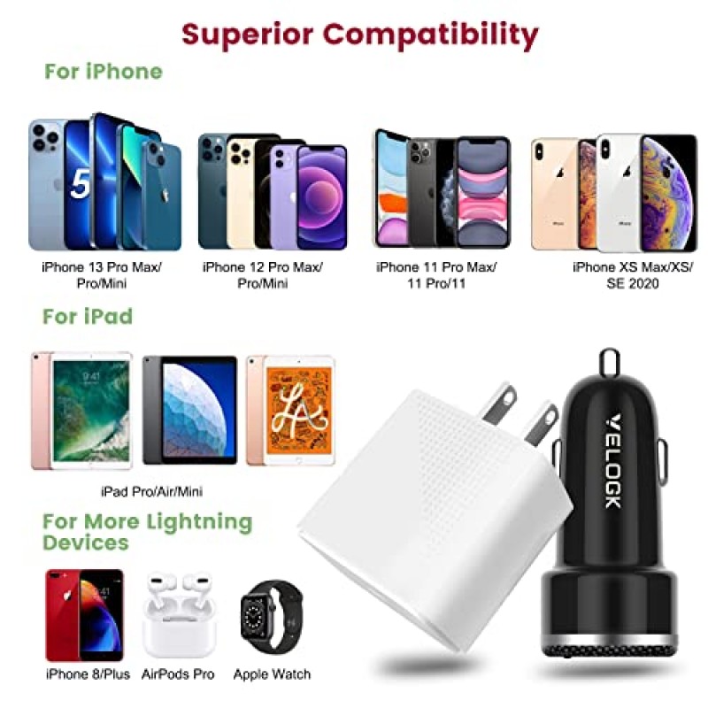 iPhone 13 14 12 고속 충전기 키트, iPhone 14/13/12/Pro/Max/Mini/11/Xs Max/XR/X, iPad Pro/Air, 2X용 VELOGK 20W USB C PD 벽면/차량용 충전기 어댑터【Apple MFi 인증】iPhone 라이트닝 케이블(6.6피트)