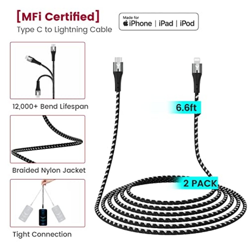 iPhone 13 14 12 고속 충전기 키트, iPhone 14/13/12/Pro/Max/Mini/11/Xs Max/XR/X, iPad Pro/Air, 2X용 VELOGK 20W USB C PD 벽면/차량용 충전기 어댑터【Apple MFi 인증】iPhone 라이트닝 케이블(6.6피트)