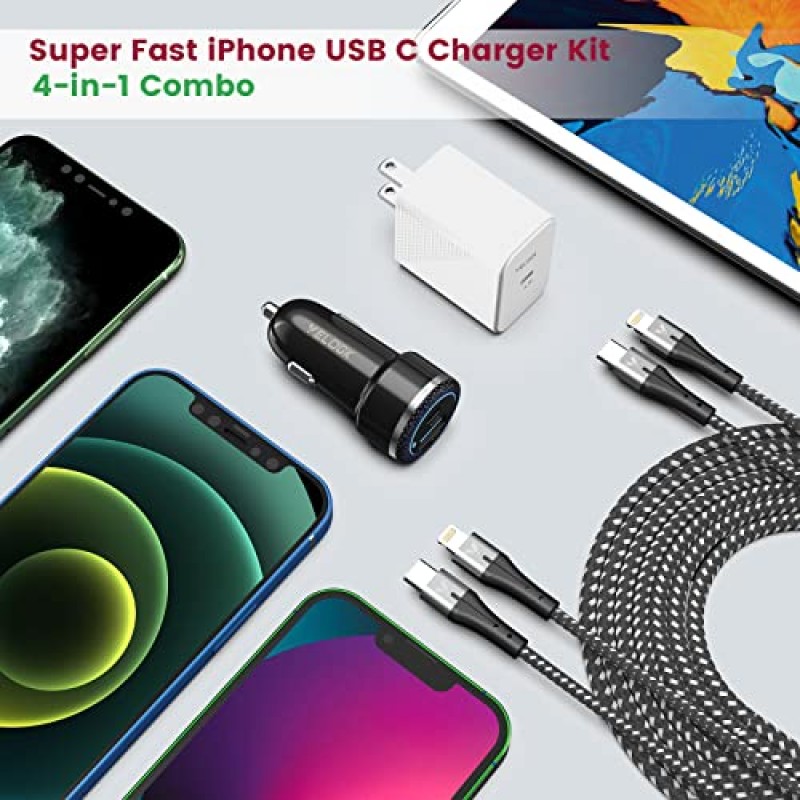 iPhone 13 14 12 고속 충전기 키트, iPhone 14/13/12/Pro/Max/Mini/11/Xs Max/XR/X, iPad Pro/Air, 2X용 VELOGK 20W USB C PD 벽면/차량용 충전기 어댑터【Apple MFi 인증】iPhone 라이트닝 케이블(6.6피트)