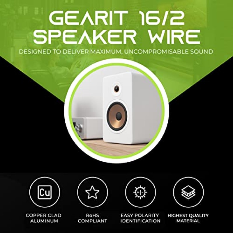 16AWG 스피커 와이어, GearIT Pro 시리즈 16 게이지 스피커 와이어 케이블(500피트/152.4미터) 홈 시어터 스피커 및 자동차 스피커에 적합, 검정색