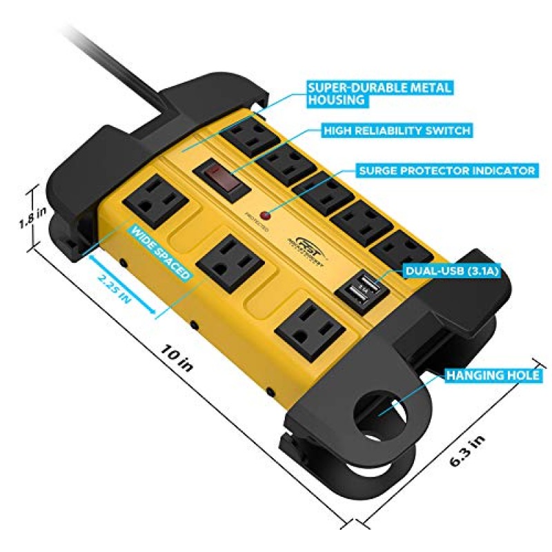 USB가 포함된 고강도 전원 스트립 서지 보호기, 가정, 주방, 사무실, 학교, ETL 등재용 USB 15 A 1875W 2개, 15피트 긴 코드 1350줄이 포함된 CRST 금속 전원 스트립 노란색