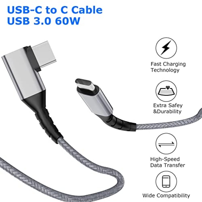 USB 유형 C-유형 C 케이블, 6.6피트 갤럭시 S23/23 Plus/23 초고속 충전 직각 유형 C 케이블, 나일론 편조 USB C-C 케이블 홈 오피스 여행용 코드 충전용 2팩(6.6피트, 게리 2개)