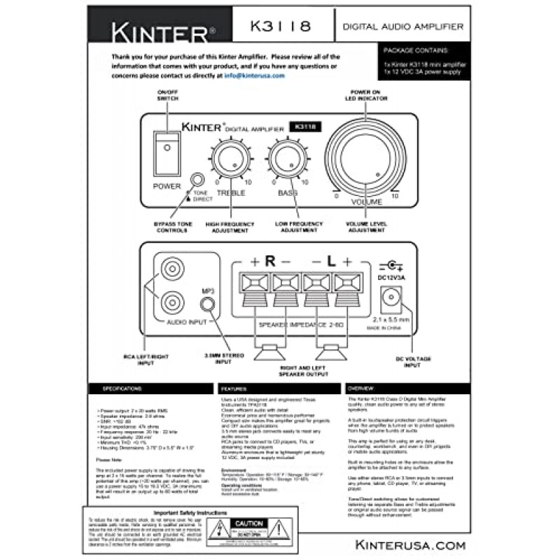 Kinter K3118 Texas Instruments TI 디지털 Hi-Fi 오디오 미니 클래스 D 홈 자동 DIY 아케이드 스테레오 앰프, 12V 3A 전원 공급 장치 검정색