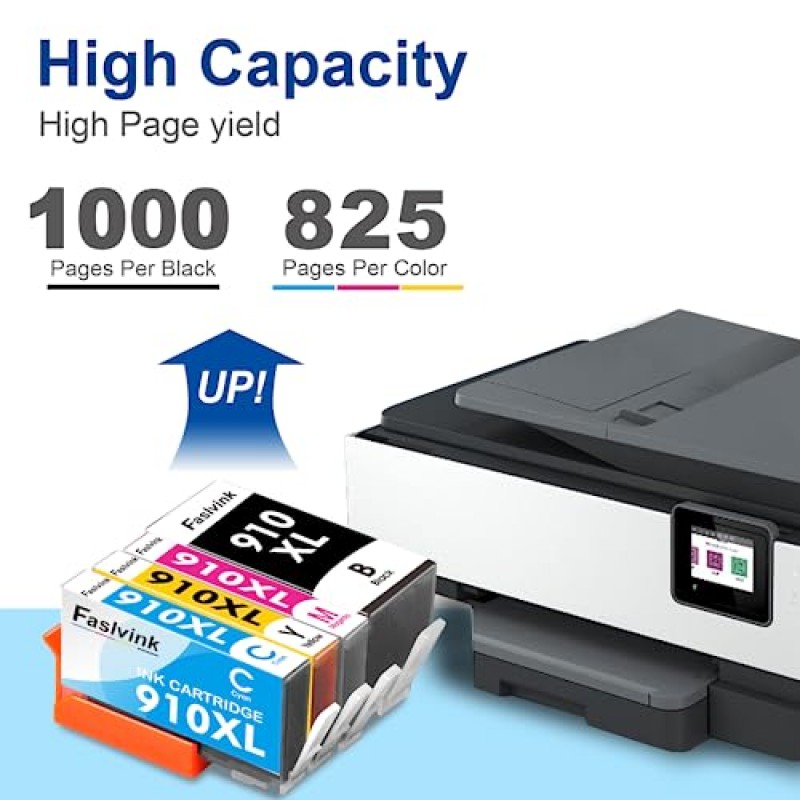 HP 910XL 대용량 잉크 카트리지용 910XL 잉크 카트리지 교체, OfficeJet Pro 8020 8025 8028 8035 8015 8022 8024 프린터와 호환, 4팩(검정색, 청록색, 자홍색, 노란색)