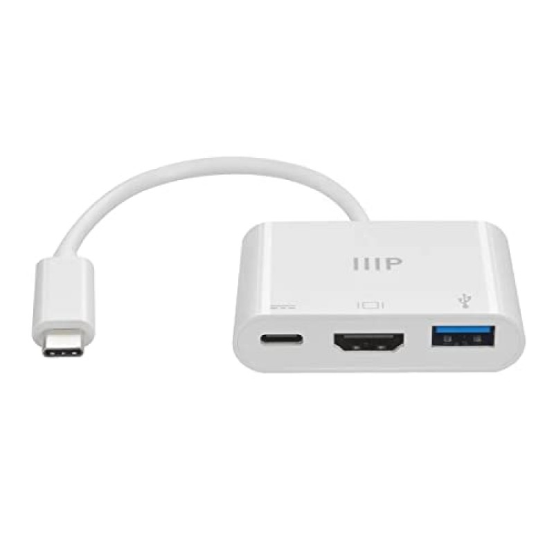 Monoprice 3-in-1 USB-C - HDMI 멀티포트 어댑터 - 소형 및 휴대용, 진정한 플러그 앤 플레이, USB C 노트북 및 기타 유형 C 장치와 호환, Windows 및 MacOS 지원, 가정 및 사무실용