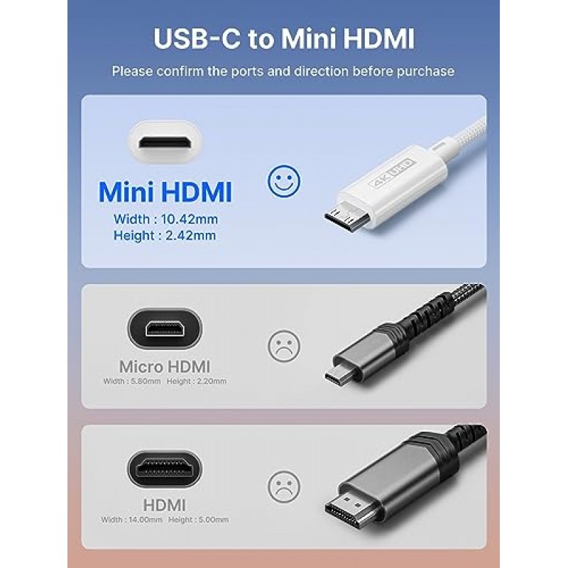 JSAUX USB-C - 미니 HDMI 케이블 10FT(HDMI 아님), 노트북 - 휴대용 모니터 케이블, 고속 4K 코드(4K@30Hz/2K@60Hz/1080P), 휴대용 모니터, 스팀 데크, 노트북, 전화, ROG Ally와 호환 가능