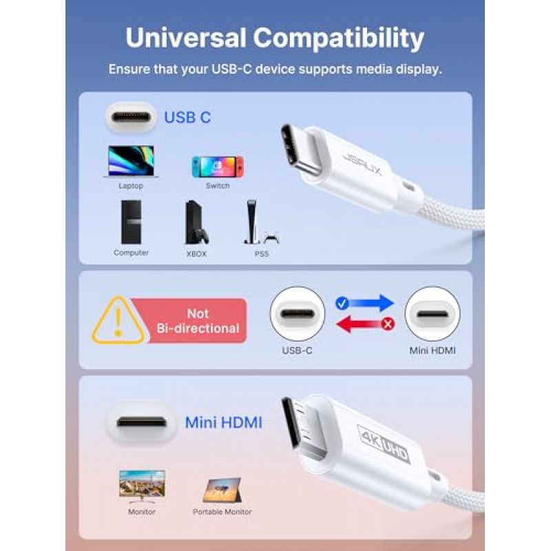 JSAUX USB-C - 미니 HDMI 케이블 10FT(HDMI 아님), 노트북 - 휴대용 모니터 케이블, 고속 4K 코드(4K@30Hz/2K@60Hz/1080P), 휴대용 모니터, 스팀 데크, 노트북, 전화, ROG Ally와 호환 가능