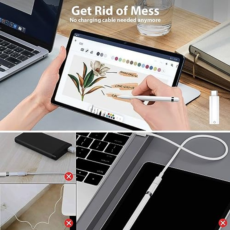 ACAGET USB-C-연필 어댑터 Apple Pencil 1세대와 호환 USB C 남성-라이트닝 여성 iPencil 충전 어댑터 유형 C Apple Pencil 1세대 및 iPad 10세대용 Bluetooth 쌍 커넥터