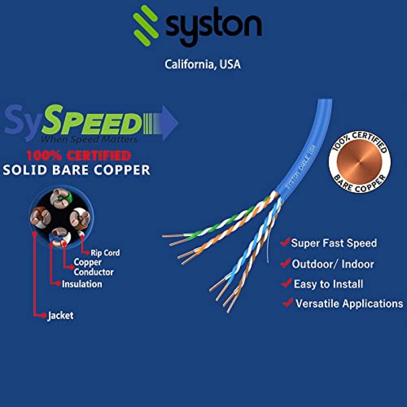 Syston 케이블 기술 Cat 5e 이더넷 네트워크 케이블 - 100FT,350MHz 24AWG 단선 구리선 실외/실내, 벌크 끝 없음 10Ft ~ 1000Ft 사용 가능, 내열성 라이저 정격 - CMR