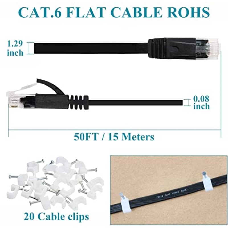 Cat 6 이더넷 케이블 100피트, 플랫 와이어 LAN Rj45 고속 인터넷 네트워크 케이블 슬림형 클립, Cat5e보다 빠름, PS4용 Snagless 커넥터가 있는 Cat5, Xbox one, 스위치 박스, 모뎀, 라우터, 검정색