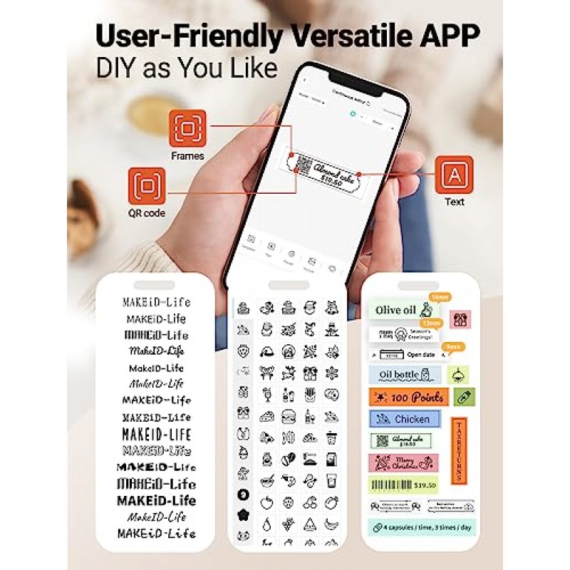 Makeid 라벨 제작기, L1 라벨 제작기, 가정, 학교, 사무실용 휴대용 무선 스티커 라벨 제작기, 여러 글꼴이 있는 충전식 열전사 프린터, 템플릿 - 베이지색, 300dpi