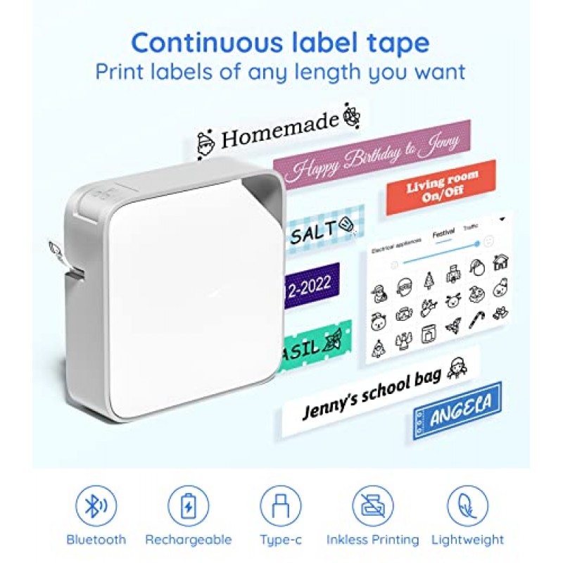 Vixic Labeler D1600 미니 블루투스 라벨 프린터 무선 라벨러 라벨 메이커 기계 전화 패드용 다중 템플릿 사용하기 쉬운 사무실 홈 조직, 흰색-회색