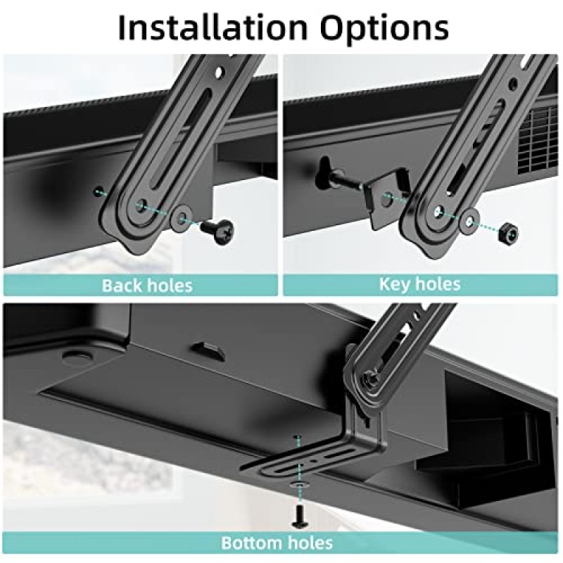 HCMOUNTING 사운드바 마운트 브래킷, ????гошный ????اتي ????οόντις TV 아래 또는 위의 TV에 최대 20파운드의 대부분의 사운드바에 적합, 180° 조정 가능한 확장 플레이트 및 L자형 후크가 있는 사운드바 TV 마운트
