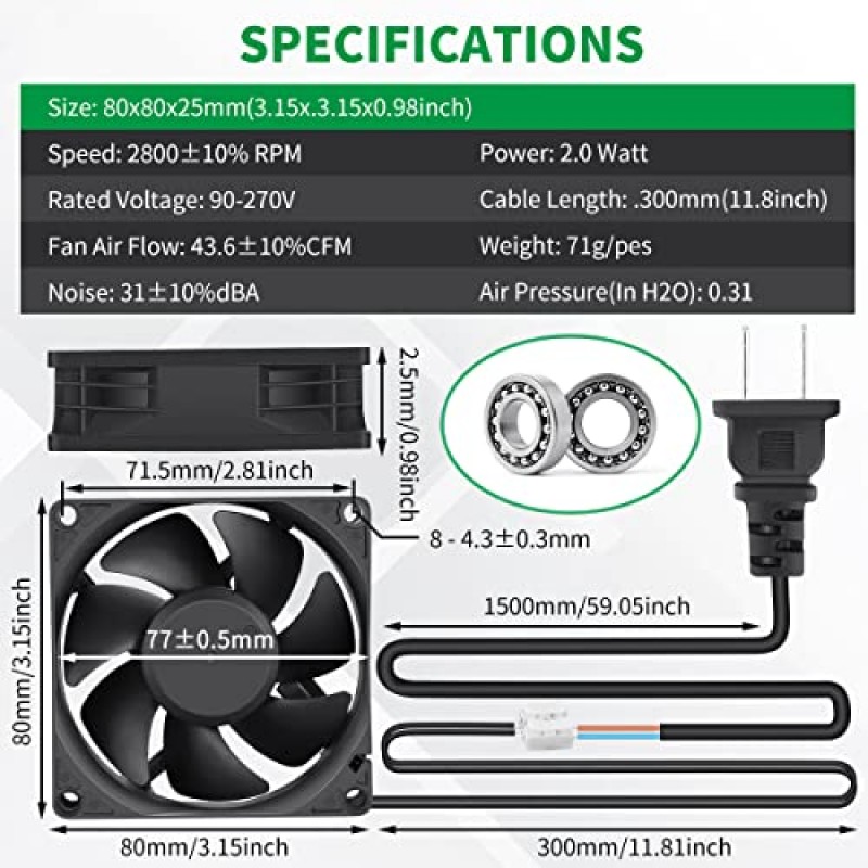 WDERAIR EC 80mm x 25mm 110V 120V 220V 240V 머핀 팬 듀얼 볼 (소형 전자 컴퓨터 프로젝트 냉각 용 AC 벽 플러그 포함)