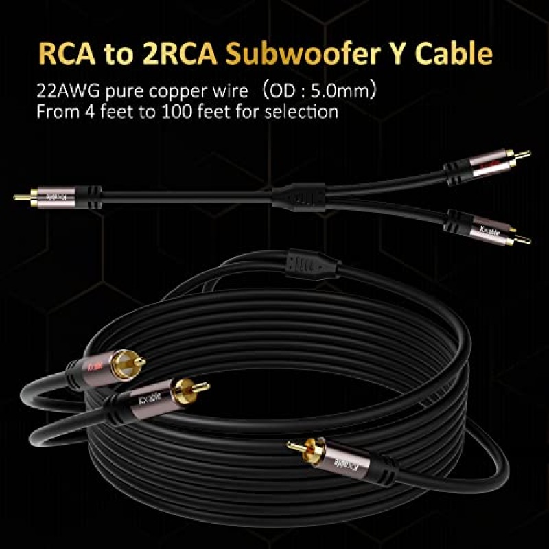 RCA Y 어댑터 분배기 케이블(2팩-10FT+10FT), RCA 수 1개 - RCA 수 2개 스테레오 오디오 서브우퍼 케이블, 양방향, 홈 시어터용, Hi-Fi 시스템, 증폭기, 스피커, 24K 금도금, OD: 5.0MM