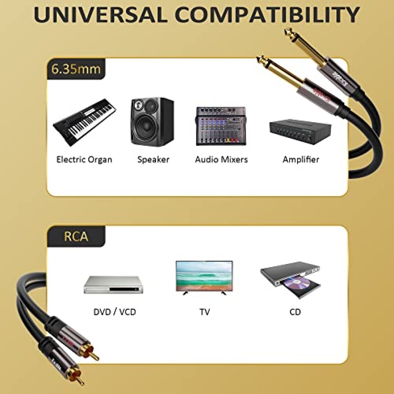 RCA - 1/4 케이블 4피트, 듀얼 1/4인치 TS - 듀얼 RCA 스테레오 오디오 상호 연결 케이블, 22AWG OFC, 2 x 6.35mm 1/4인치 모노 수 TS - 2 RCA 수 케이블 분배기 어댑터 케이블