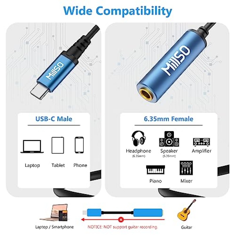 MillSO USB 유형 C ~ 1/4 헤드폰 어댑터 TRS 6.35mm 암 ~ USB C Aux 오디오 어댑터 앰프, 믹서, 홈 시어터, 스마트폰, 노트북, 6.35mm 헤드폰용 스테레오 잭 어댑터