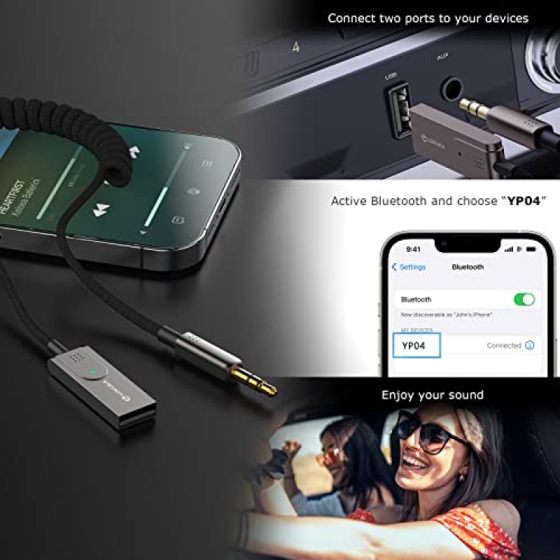 LOKUKA Bluetooth 5.1 - 자동차용 Aux 어댑터, USB - TRS 3.5mm Bluetooth 수신기는 핸즈프리 통화, 음성 내비게이션, 전화 음악을 위해 자동차, 스피커 및 홈 스테레오 오디오에 Bluetooth를 추가합니다.