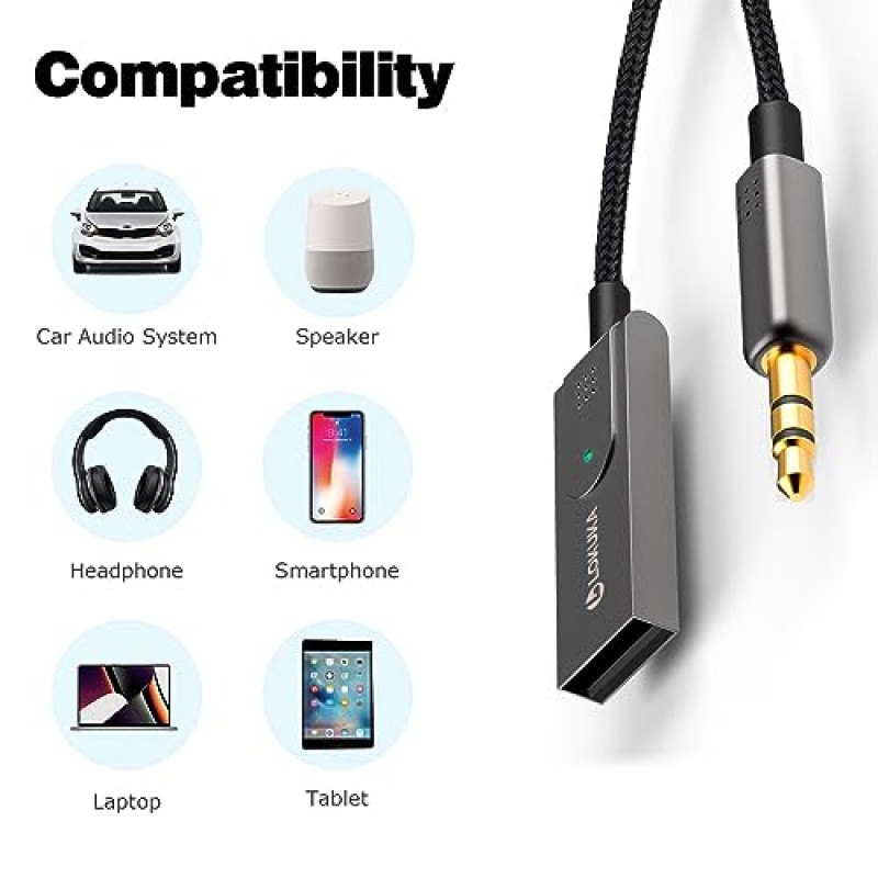 LOKUKA Bluetooth 5.1 - 자동차용 Aux 어댑터, USB - TRS 3.5mm Bluetooth 수신기는 핸즈프리 통화, 음성 내비게이션, 전화 음악을 위해 자동차, 스피커 및 홈 스테레오 오디오에 Bluetooth를 추가합니다.