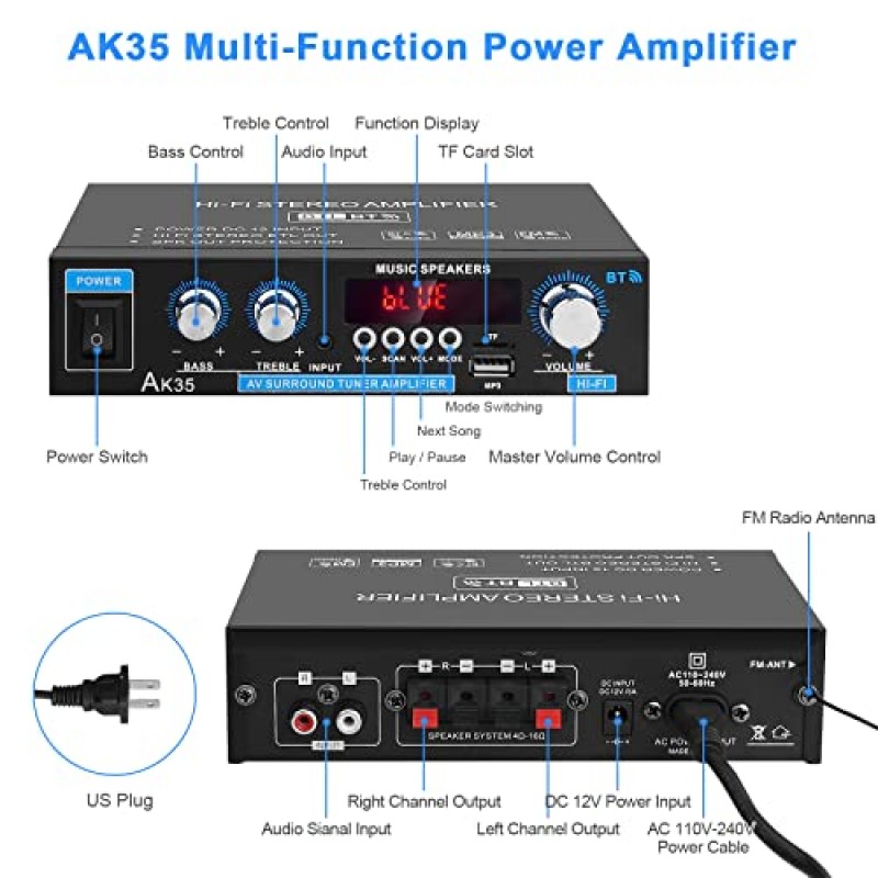 Bluetooth 스테레오 오디오 증폭기 홈: AK35 무선 디지털 전력 증폭기 RMS 30W 최대 200W 2.0 채널 BT 오디오 증폭기 수신기 홈 스피커 시스템(US 플러그)