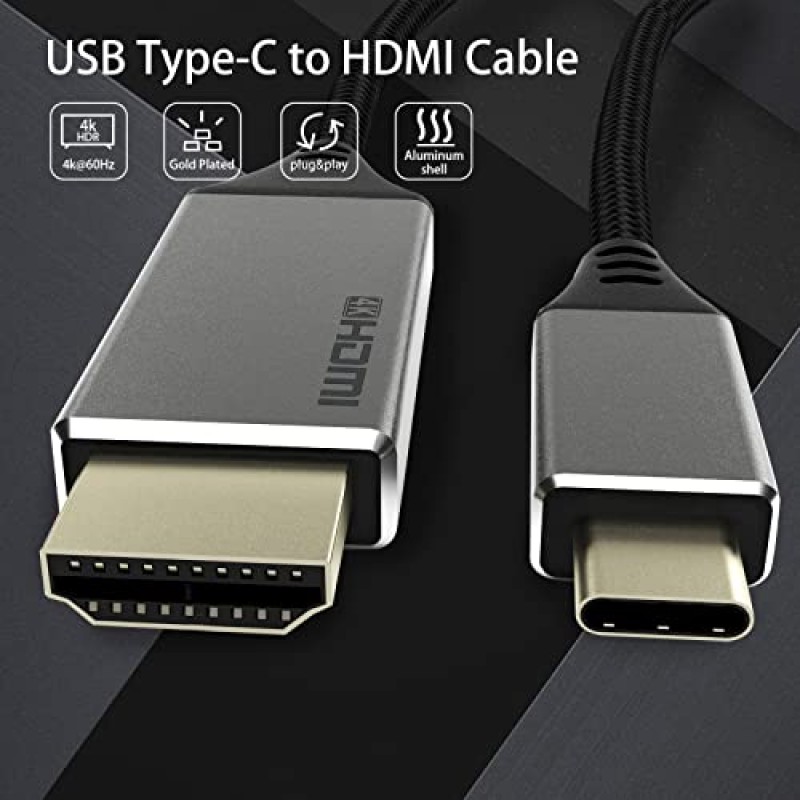 USB C - HDMI 케이블 6FT, 4K USB Type-C - HDMI 포트 홈 오피스용 나일론 편조 케이블