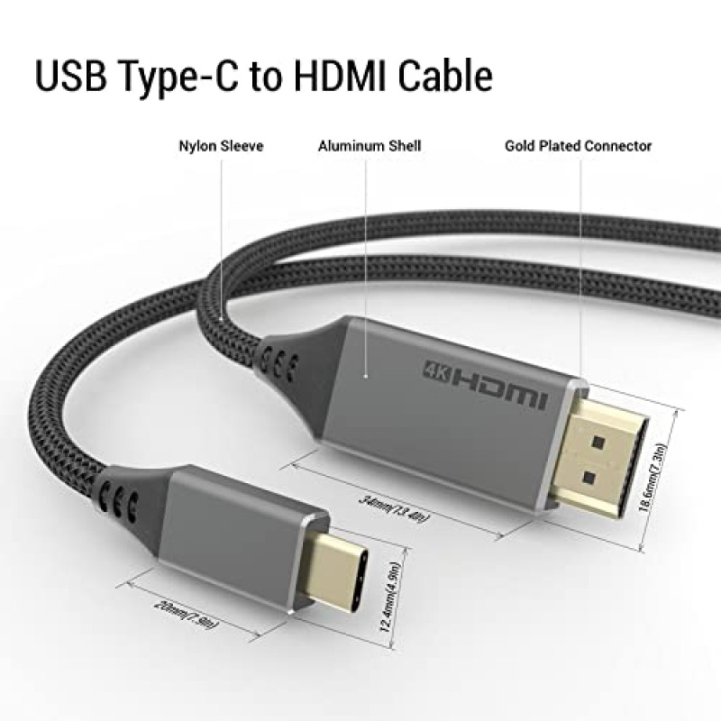 USB C - HDMI 케이블 6FT, 4K USB Type-C - HDMI 포트 홈 오피스용 나일론 편조 케이블