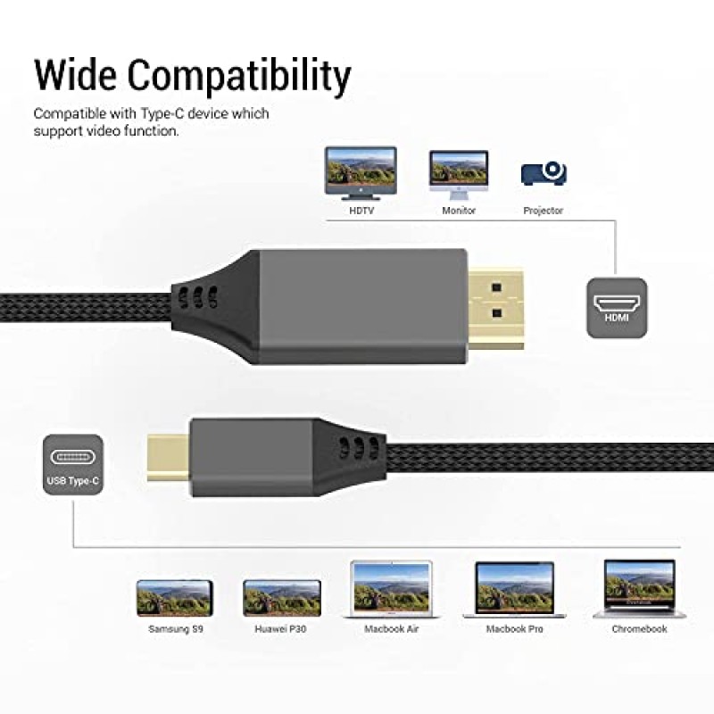 USB C - HDMI 케이블 6FT, 4K USB Type-C - HDMI 포트 홈 오피스용 나일론 편조 케이블