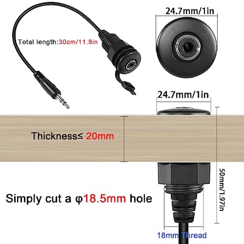 QIANRENON 3.5mm TRS 나사식 고정 방수 케이블 1/8 남성-여성 내장 마운트 스테레오 어댑터 3.5mm 플러그-잭 헤드폰 마운트 케이블, 확장 자동차 RV 가구 오디오 포트, 30cm/11.8in