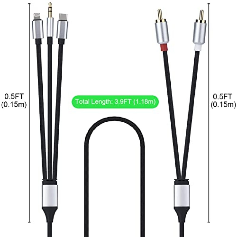 Lightning-RCA 스테레오 케이블(USB C 및 3.5mm 잭 포함) 2-남성 오디오 Aux Y 분배기 어댑터, 일부 iPhone, iPad 및 iPod 모델과 홈 시어터, 스피커, 전력 증폭기, 차량용 3 in 1 오디오 케이블