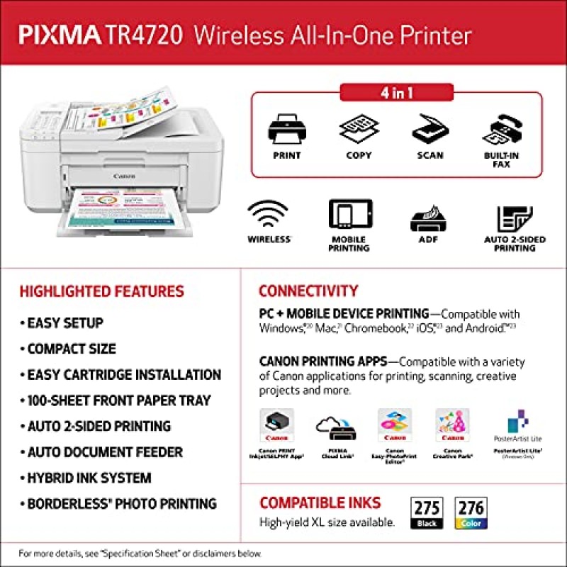 Canon PIXMA TR4720 올인원 무선 프린터 가정용, 자동 문서 공급 장치, 모바일 인쇄 및 내장 팩스 포함, 흰색