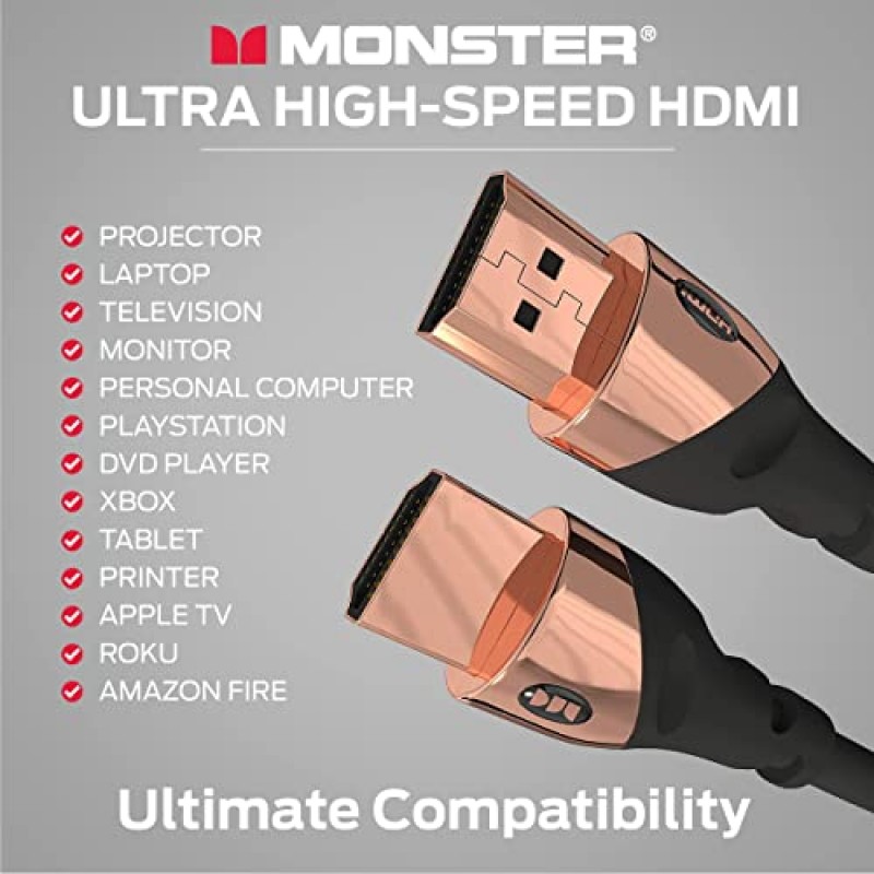 Monster 6Ft HDMI 전자 케이블 4K Ultra Hd(이더넷 코드 포함) 60/120Hz 새로 고침 속도 21Gbps 1080p 프로젝터/노트북/모니터/텔레비전/개인용 컴퓨터용 비디오 부식 방지 금 접점