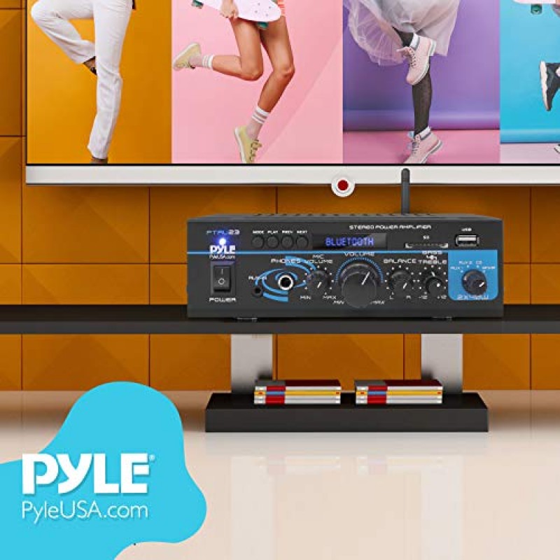 Pyle 홈 홈 오디오 Bluetooth 전력 증폭기 시스템 - 2X40W 미니 듀얼 채널 믹서 사운드 스테레오 수신기 상자(RCA, USB, AUX, 헤드폰, 마이크 입력, 극장, 홈 엔터테인먼트, 스튜디오 사용-PTAU23 포함)