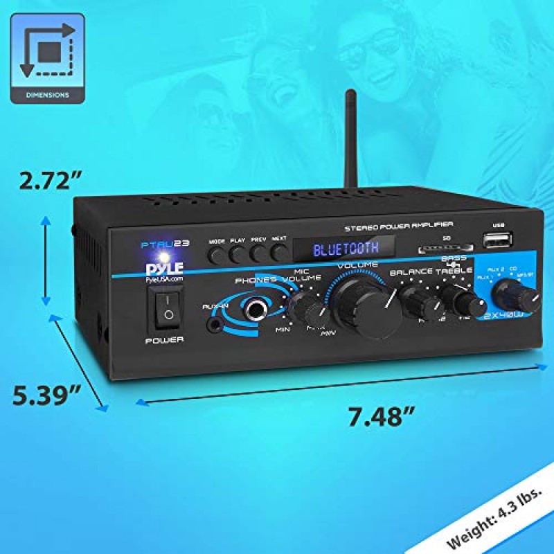 Pyle 홈 홈 오디오 Bluetooth 전력 증폭기 시스템 - 2X40W 미니 듀얼 채널 믹서 사운드 스테레오 수신기 상자(RCA, USB, AUX, 헤드폰, 마이크 입력, 극장, 홈 엔터테인먼트, 스튜디오 사용-PTAU23 포함)