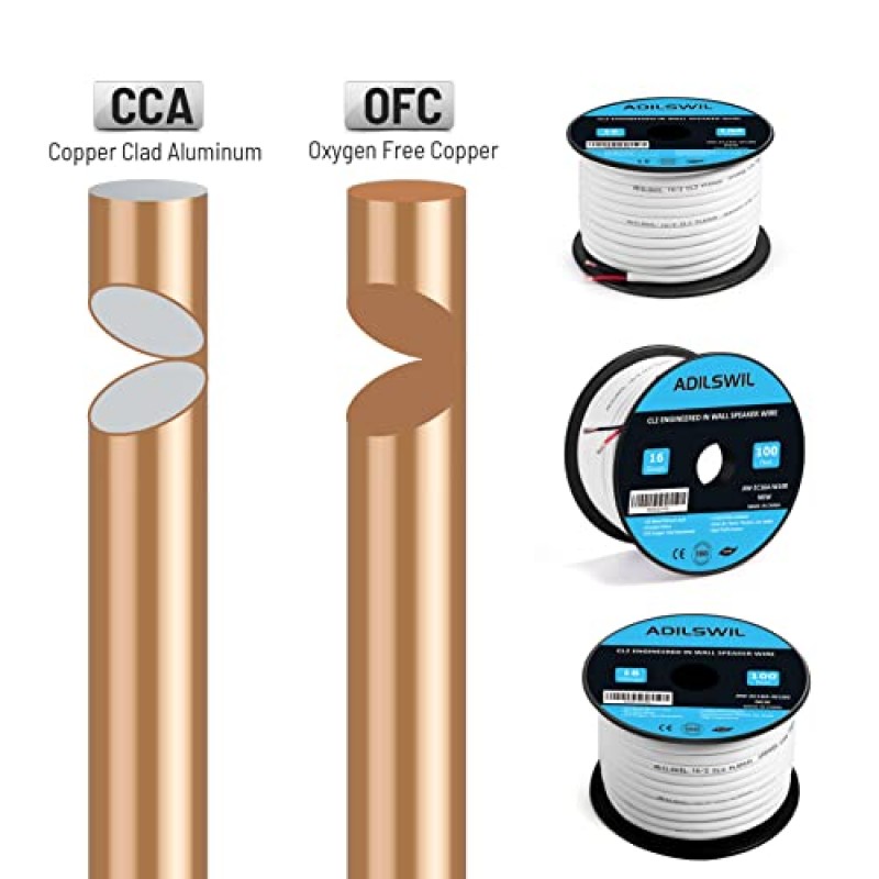 ADILSWIL 100피트 16 게이지 벽면 스피커 와이어 케이블 16/2 AWG CCA 2 도체 저전압 DC 전기 와이어 흰색 재킷이 있는 빨간색 및 검정색 와이어 ETL 목록 연결 및 연장용 CL2 등급