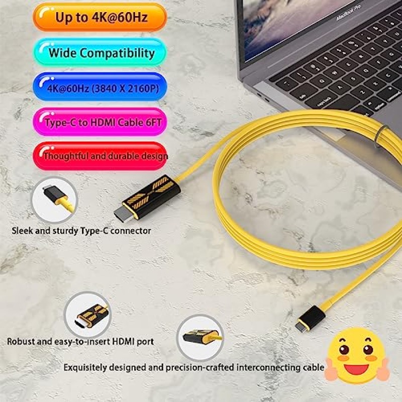 GAROGYI USB Type C - HDMI 케이블 6피트/1.8M(4K@60Hz), Thunderbolt 3/4 iPhone 15 Pro Max, MacBook Pro/Air, iMac, ChromeBook Pixel, Samsung Galaxy, Surface, TV, iPad Air, iPad Pro와 호환 가능 그리고 더