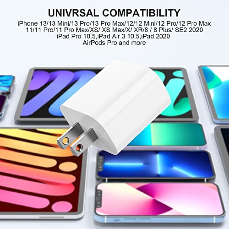 iPhone용 Apple 13 12 14 고속 충전기 케이블【Apple MFi 인증】20W USB C 벽면 충전기 플러그 및 USBC-라이트닝 케이블 코드 6피트, iPhone 13/12 Pro/11,iPad용 충전 블록 전원 어댑터 큐브 브릭