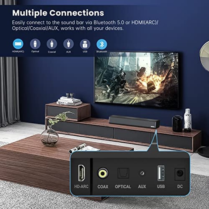 사운드 바, HDMI, 광학, 동축, AUX, USB 디스크 연결 및 Bluetooth 5.0을 갖춘 TV용 BESTISAN 50와트 슬림형 사운드 바, 3 이퀄라이저 모드 오디오, 저음 및 고음 조절 가능, 16인치, 장착 가능