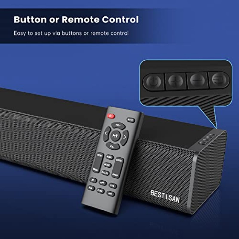 사운드 바, HDMI, 광학, 동축, AUX, USB 디스크 연결 및 Bluetooth 5.0을 갖춘 TV용 BESTISAN 50와트 슬림형 사운드 바, 3 이퀄라이저 모드 오디오, 저음 및 고음 조절 가능, 16인치, 장착 가능