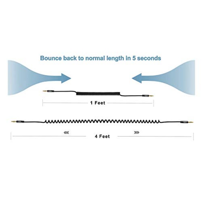 차량용 CableCreation Aux 코드(1-4Ft), 코일형 3.5mm 오디오 케이블 남성-남성, 3.5mm DC 플러그 포트 장치용 1/8 보조 스테레오 Aux 케이블, 헤드폰, 차량용 스테레오, 스피커, 검정색