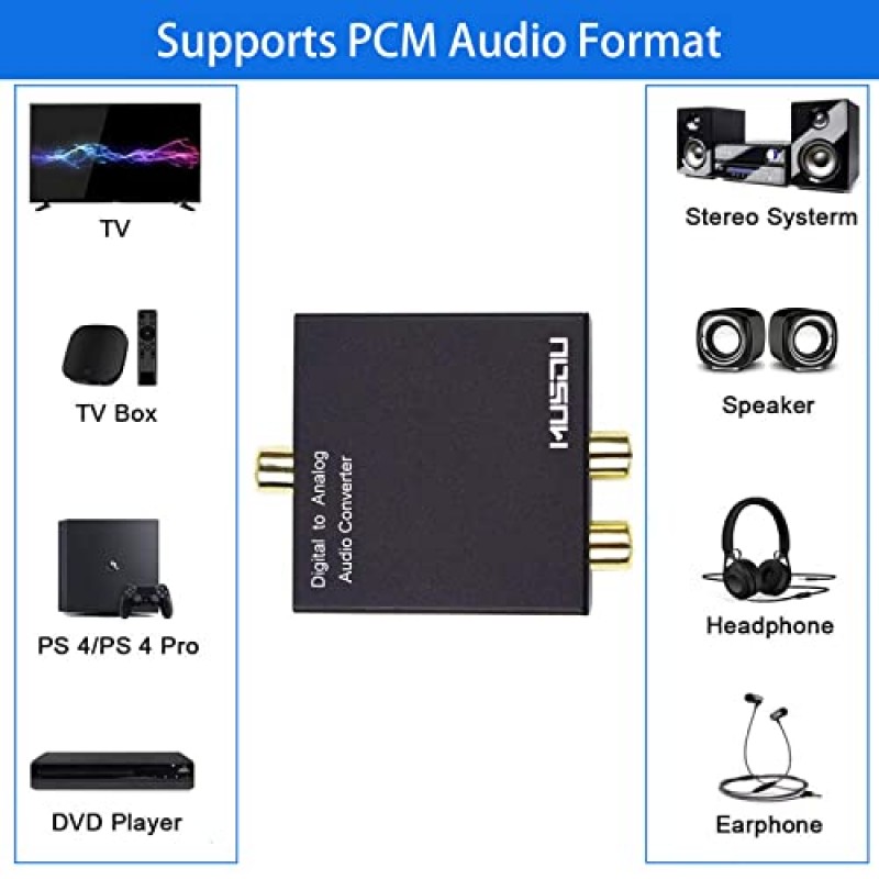 Musou 192kHz DAC 디지털-아날로그 변환기 Toslink 동축 SPDIF 입력-아날로그 RCA 스테레오 R/L 출력 오디오 어댑터(PS3 Xbox HDDVD PS4 홈 시네마 시스템용 3.5mm 잭 포함)