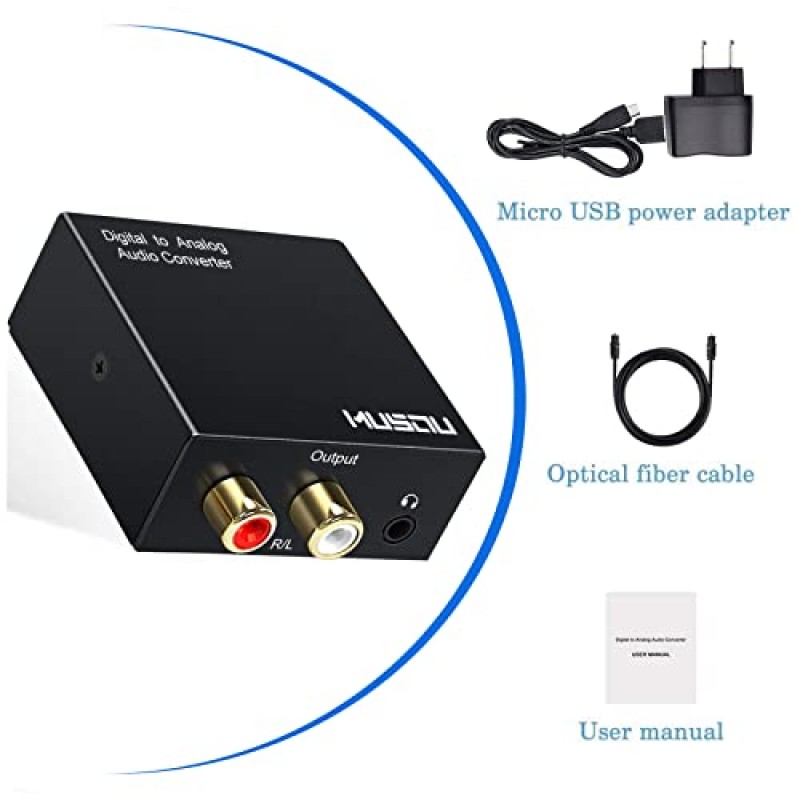 Musou 192kHz DAC 디지털-아날로그 변환기 Toslink 동축 SPDIF 입력-아날로그 RCA 스테레오 R/L 출력 오디오 어댑터(PS3 Xbox HDDVD PS4 홈 시네마 시스템용 3.5mm 잭 포함)