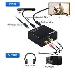 Musou 192kHz DAC 디지털-아날로그 변환기 Toslink 동축 SPDIF 입력-아날로그 RCA 스테레오 R/L 출력 오디오 어댑터(PS3 Xbox HDDVD PS4 홈 시네마 시스템용 3.5mm 잭 포함)