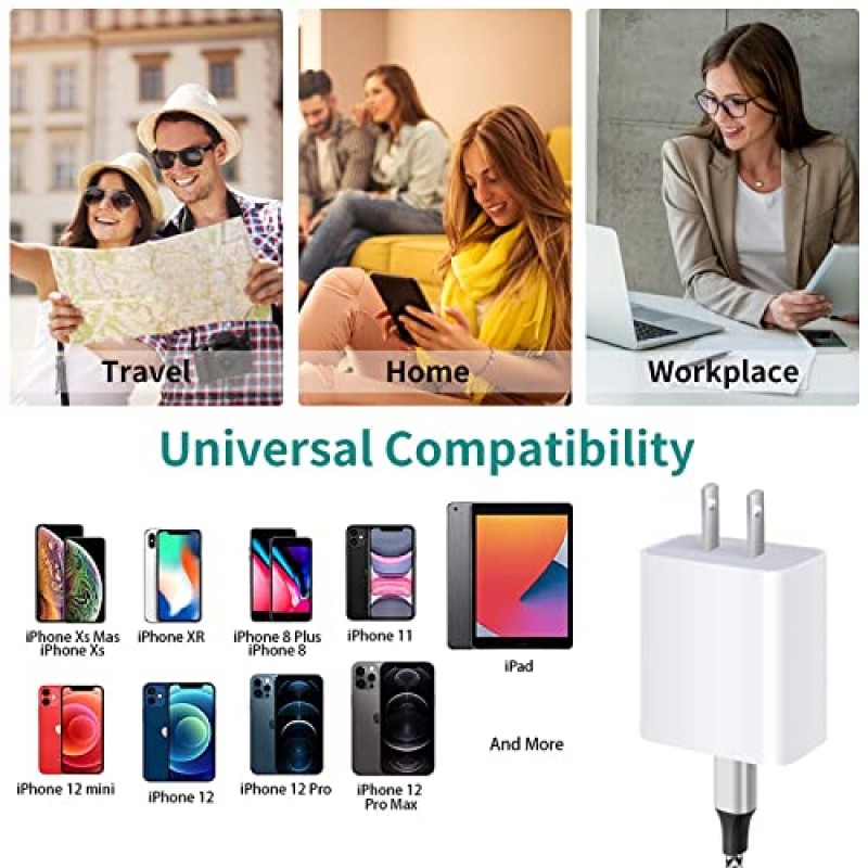 iPhone 고속 충전기, 20W USB C 벽면 충전기 Apple MFi 인증 6FT iPhone 충전 케이블로 고속 충전 iPhone 14/13/12/12 Pro/Max/11/11Pro/XS/Max/XR/X/8/8Plus,iPad와 호환 가능 [2팩]